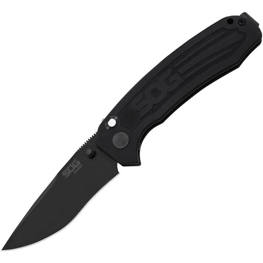 SOG BA1001BX Banner Button Lock USA Folding Pocket Knife With Black Anodized Aluminum Handle 3 SOG BA1001BX Banner Button Lock USA Folding Pocket Knife With Black Anodized Aluminum Handle