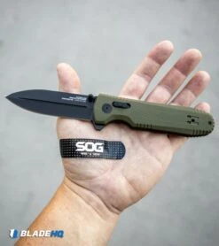 SOG Pentagon XR Lock Knife OD Green G-10 (3.5" Black) 15 SOG Pentagon XR Lock Knife OD Green G-10 (3.5" Black) -Cheap Knife Shop SOG Bandaid Pack SOG Bandaids FREE BHQ 12947 kp in hand web