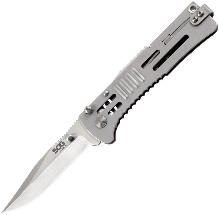 SOG Slimjim Lockback A/O Assisted AUS-8 Satin Plain Folding Knife SJ31CP 3 SOG Slimjim Lockback A/O Assisted AUS-8 Satin Plain Folding Knife SJ31CP